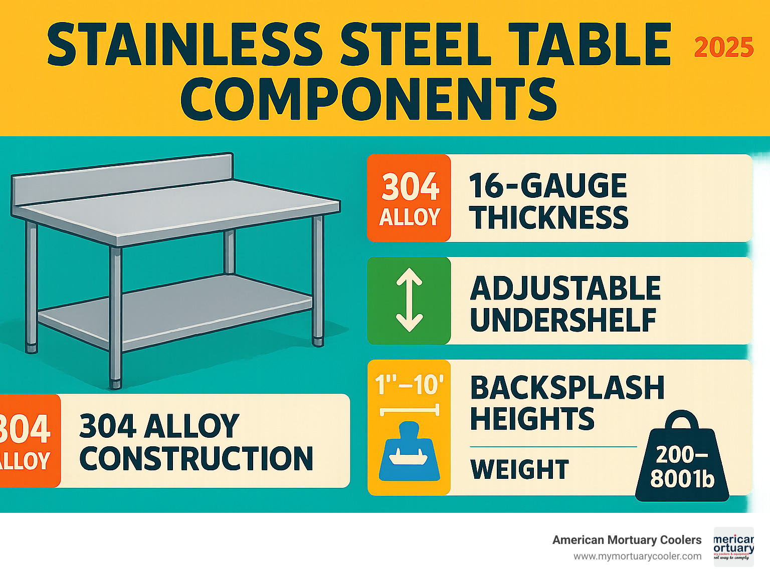 Infographic showing stainless steel table components including 304 alloy construction, 16-gauge thickness options, adjustable undershelf configurations, backsplash heights from 1-10 inches, and weight capacity ratings from 200-800 pounds - stainless steel tables infographic 