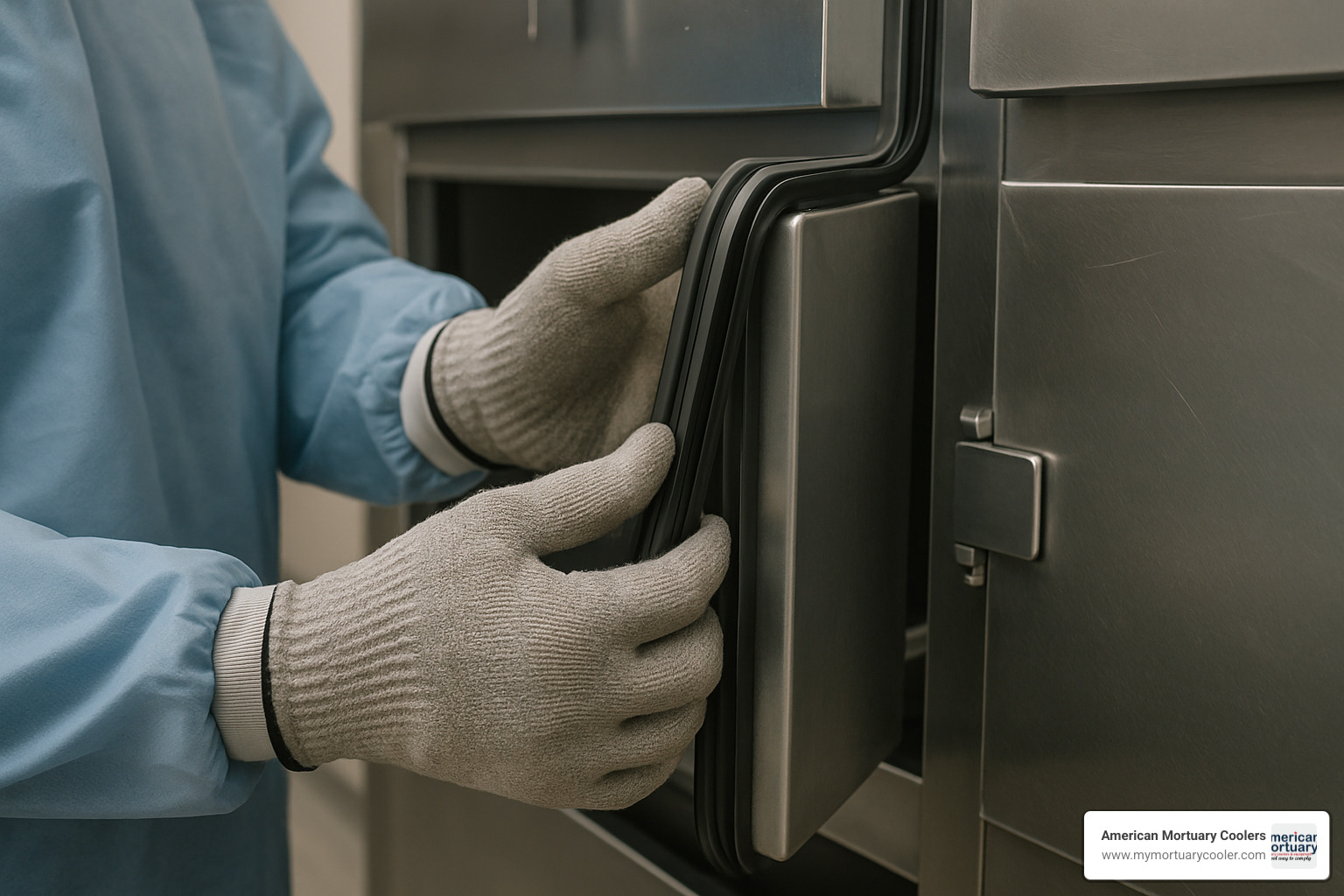 Close-up image of technician inspecting door gaskets and seals on a morgue refrigerator - used-morgue-fridges-