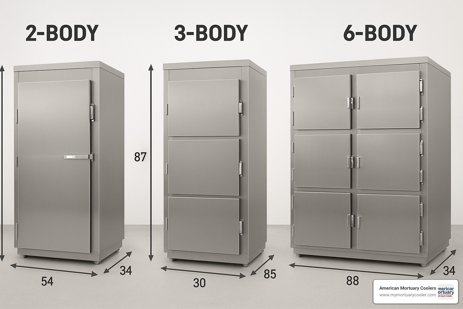 Comparison image showing 2-body, 3-body, and 6-body morgue fridge cabinets with dimensions and capacity specifications - used-morgue-fridges-