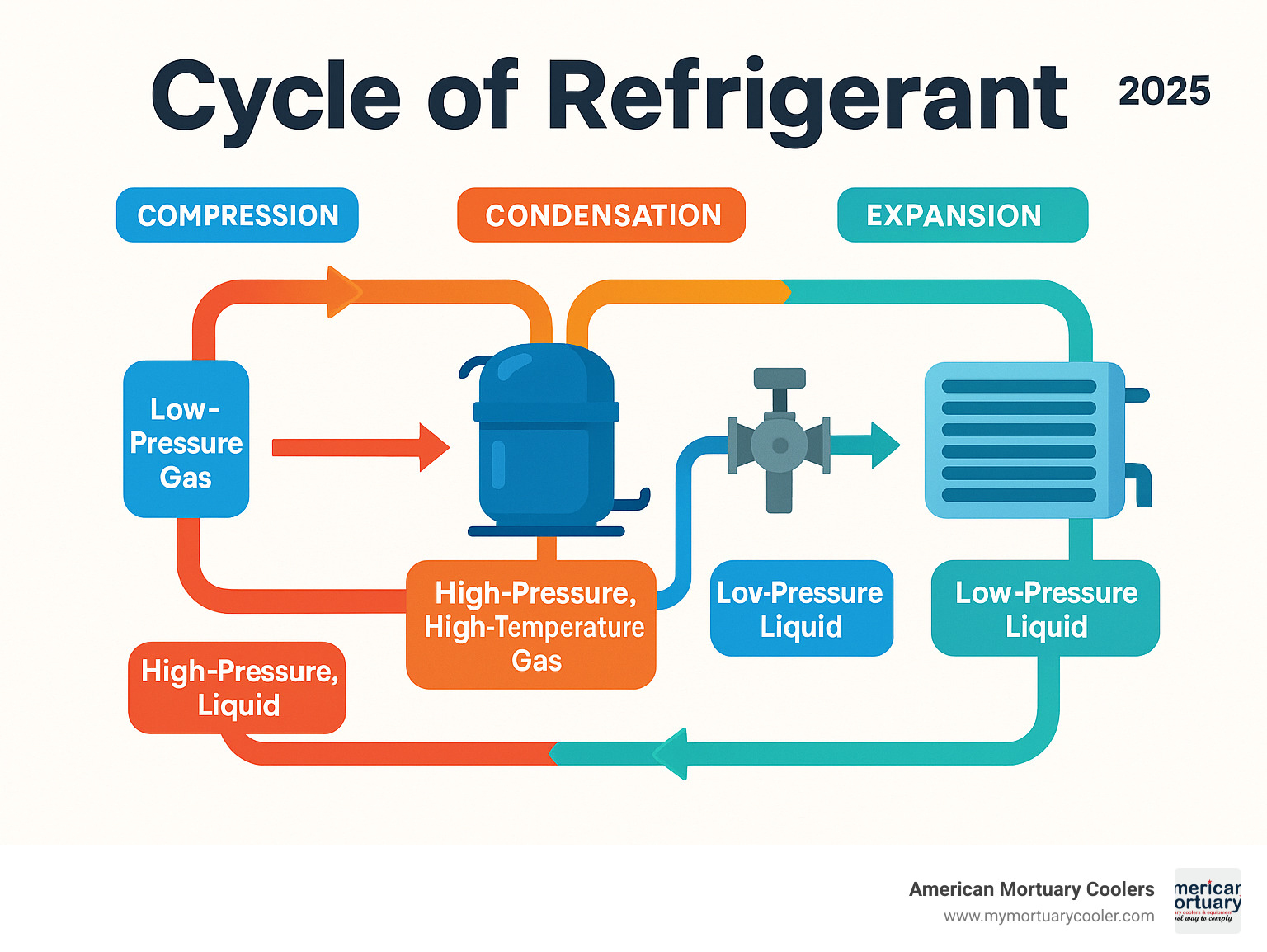 Detailed infographic showing the four stages of the refrigerant cycle with compressor, condenser, expansion valve, and evaporator components, including pressure and temperature changes at each stage - cycle of refrigerant infographic 