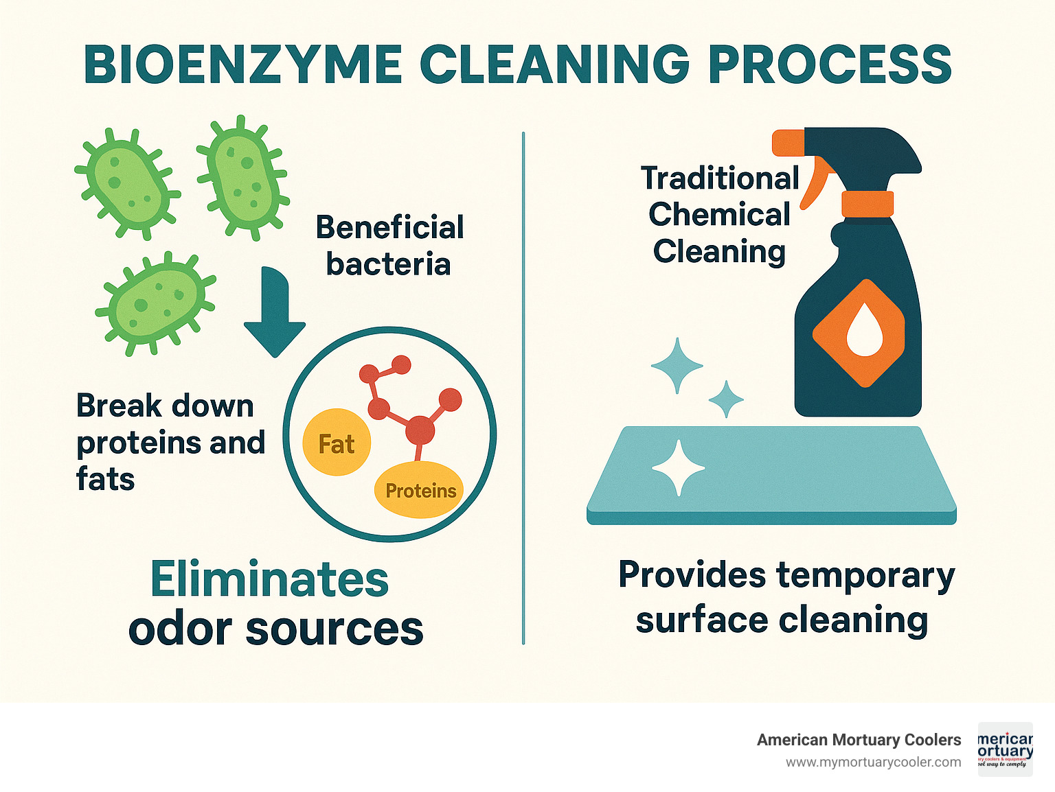 Infographic showing bioenzyme cleaning process: beneficial bacteria consuming organic waste molecules, breaking down proteins and fats, eliminating odor sources rather than masking them, compared to traditional chemical cleaners that only provide temporary surface cleaning - ez cleaner infographic 