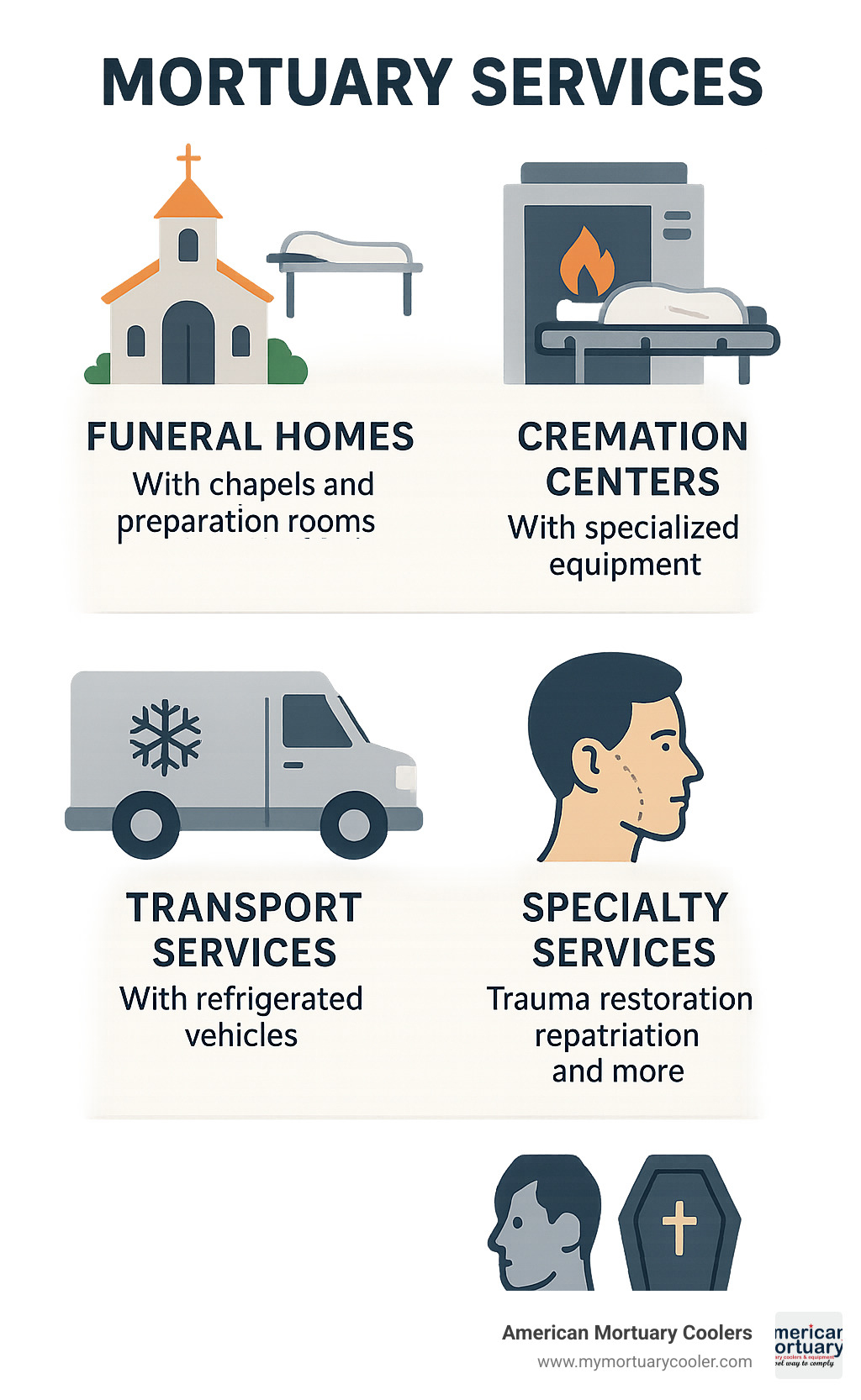 Comprehensive infographic showing the types of mortuary services available: funeral homes with chapels and preparation rooms, cremation centers with specialized equipment, transport services with refrigerated vehicles, and specialty services including trauma restoration and repatriation, with icons and brief descriptions for each service type - mortuary-service infographic 