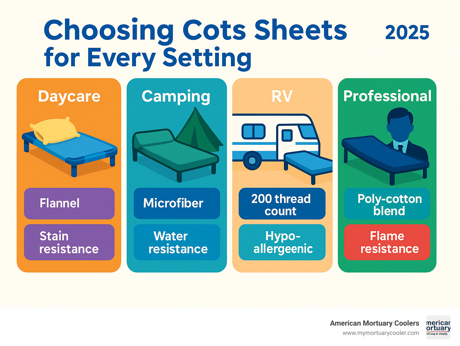 Infographic showing different cot sheet applications across daycare, camping, RV, and professional settings with recommended materials and features for each use case - cots sheets infographic 