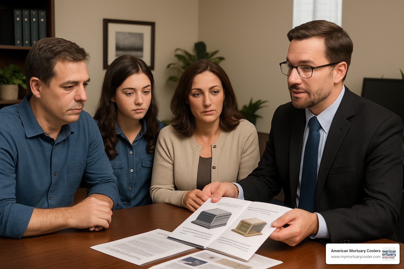family discussing burial vault options with funeral director - concrete burial vault prices