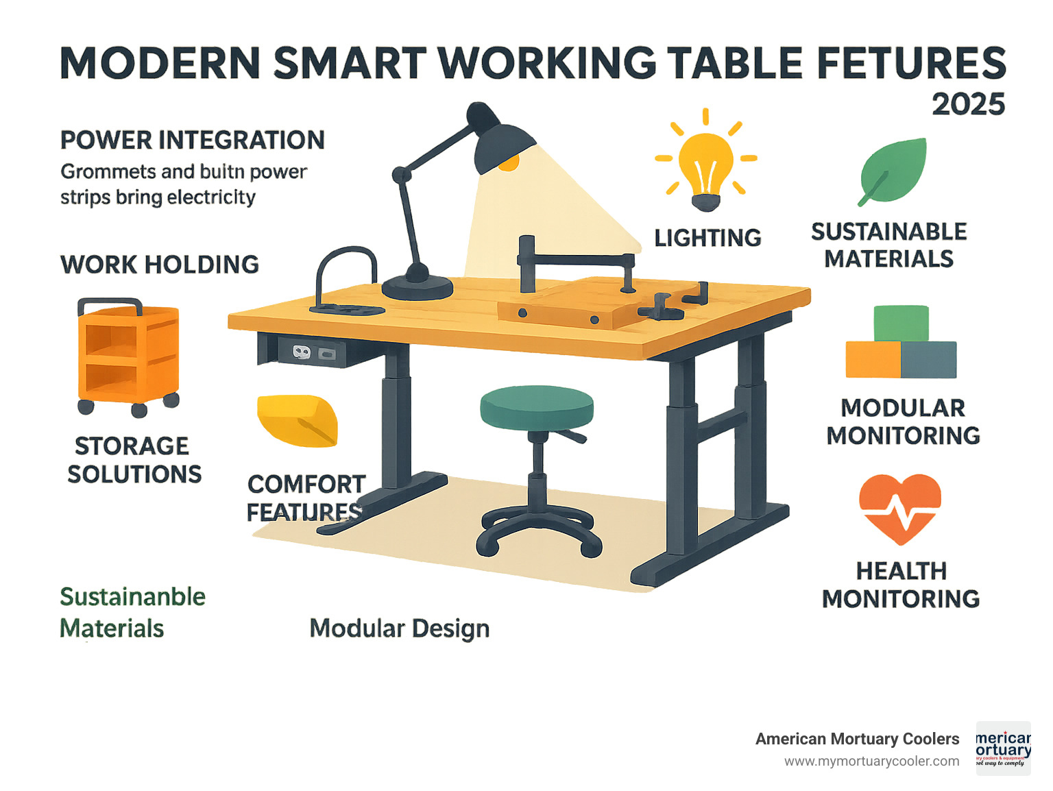 modern smart working table features - working table infographic 