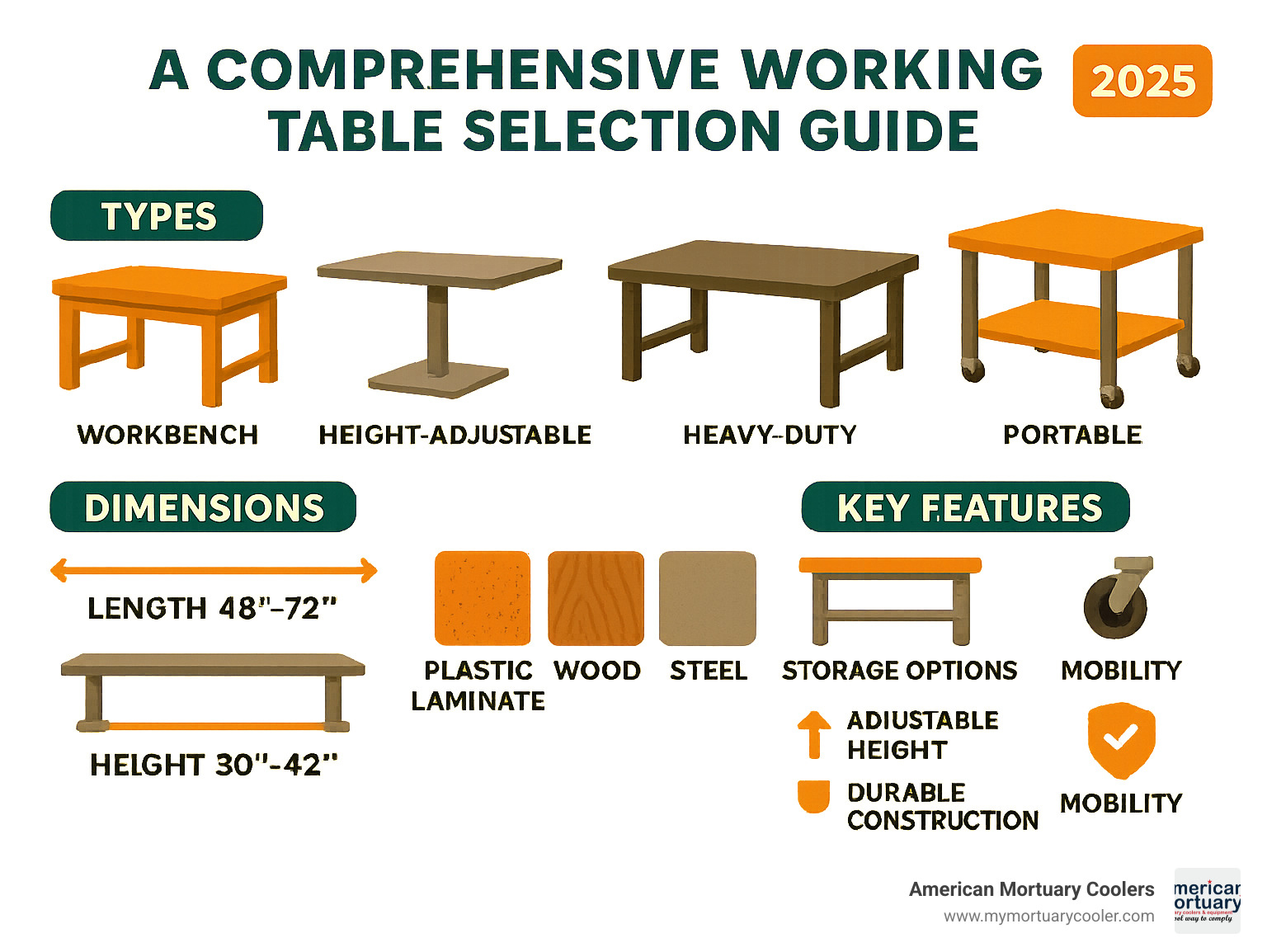 Comprehensive working table selection guide showing types, dimensions, materials, and key features for professional and workshop applications - working table infographic 
