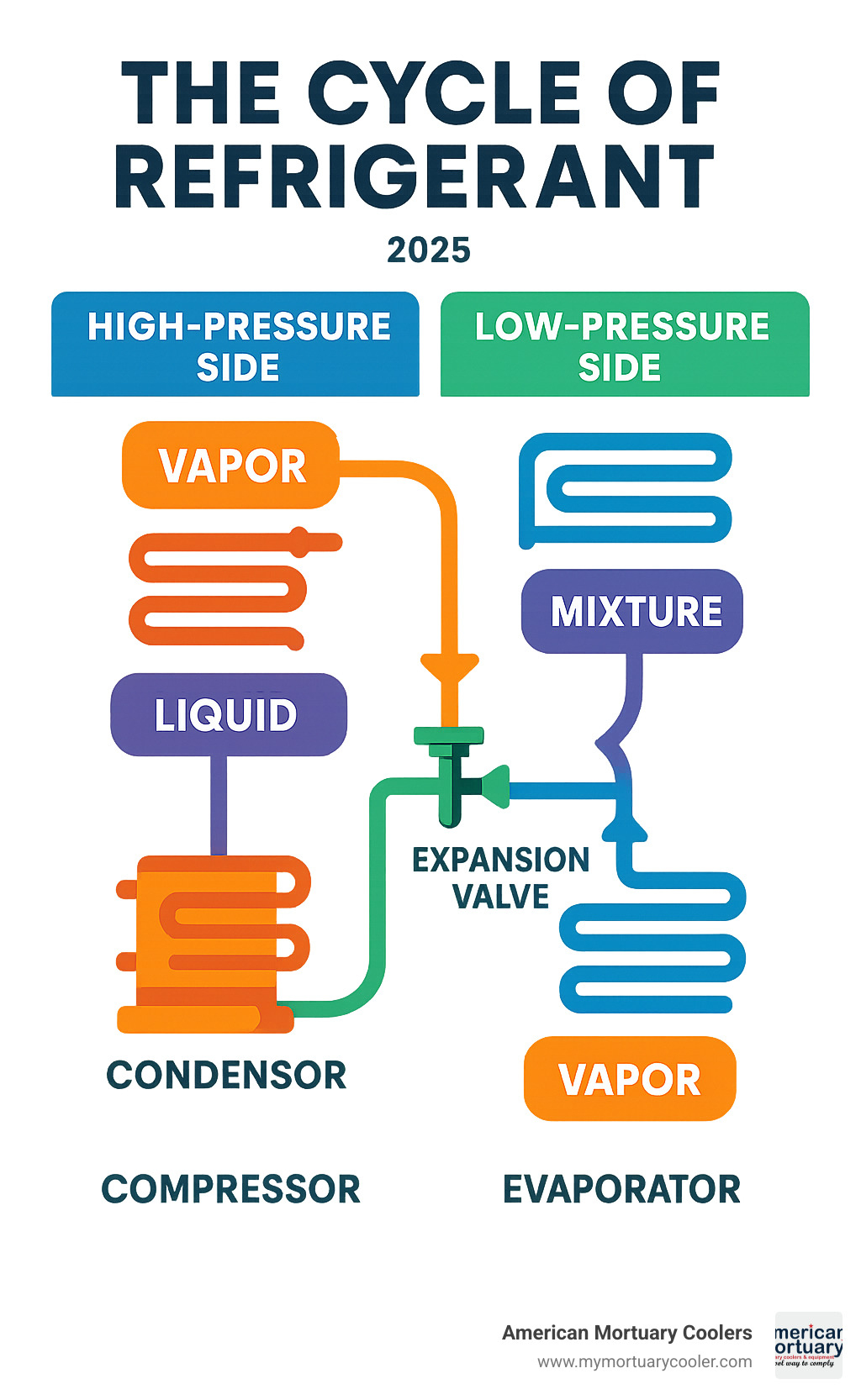 Infographic showing high-pressure side vs low-pressure side components and refrigerant states - cycle of refrigerant infographic 