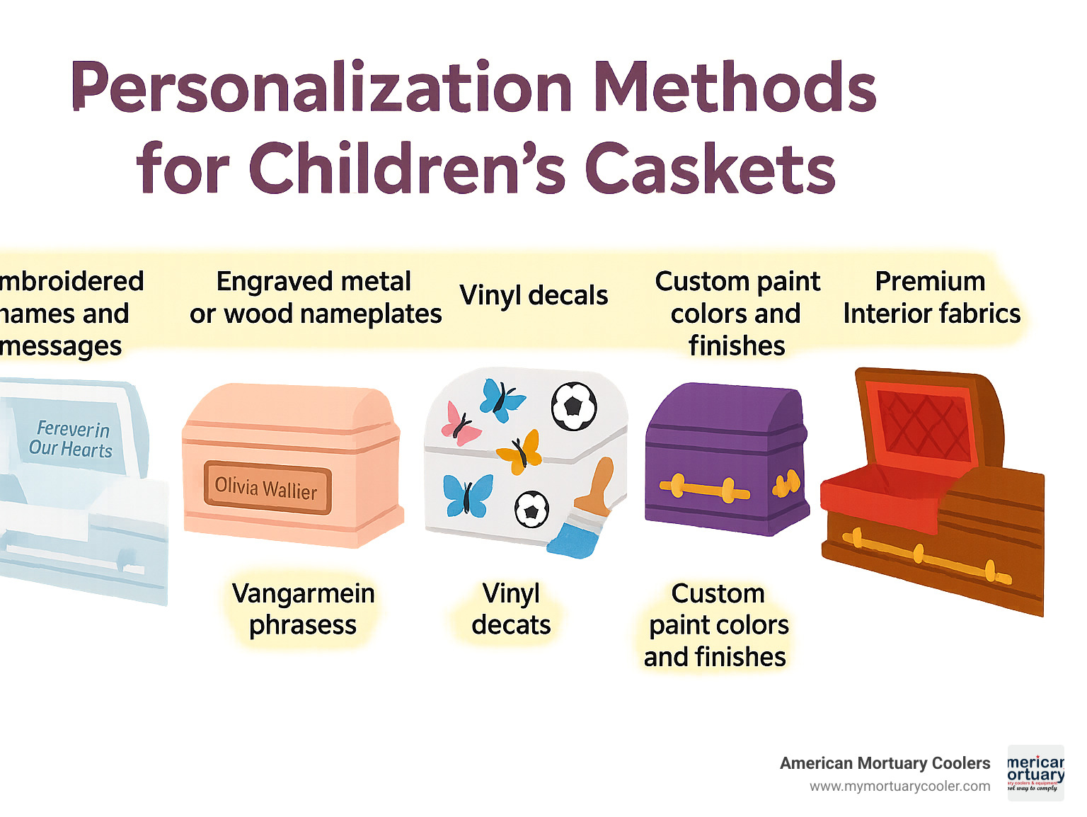 Infographic showing 5 main personalization methods for children's caskets: 1) Embroidered names and messages on interior panels, 2) Engraved metal or wood nameplates on exterior, 3) Vinyl decals with themes like butterflies, sports, or characters, 4) Custom paint colors and finishes, 5) Premium interior fabrics in satin, velvet, or meaningful patterns - children's caskets infographic 