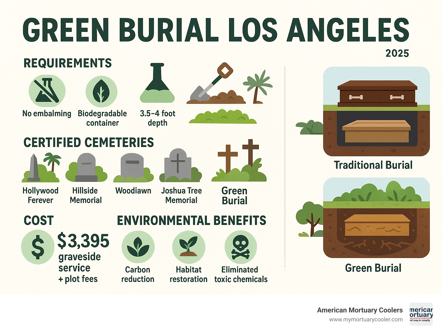 Infographic showing the complete green burial process in Los Angeles, including legal requirements (no embalming, biodegradable containers, 3.5-4 foot depth), certified cemetery locations (Hollywood Forever, Hillside Memorial, Woodlawn, Joshua Tree Memorial), cost breakdown ($3,395 graveside service plus plot fees), and environmental benefits (carbon reduction, habitat restoration, eliminated toxic chemicals), with visual comparison between traditional burial materials versus natural decomposition cycle - green burial Los Angeles infographic 