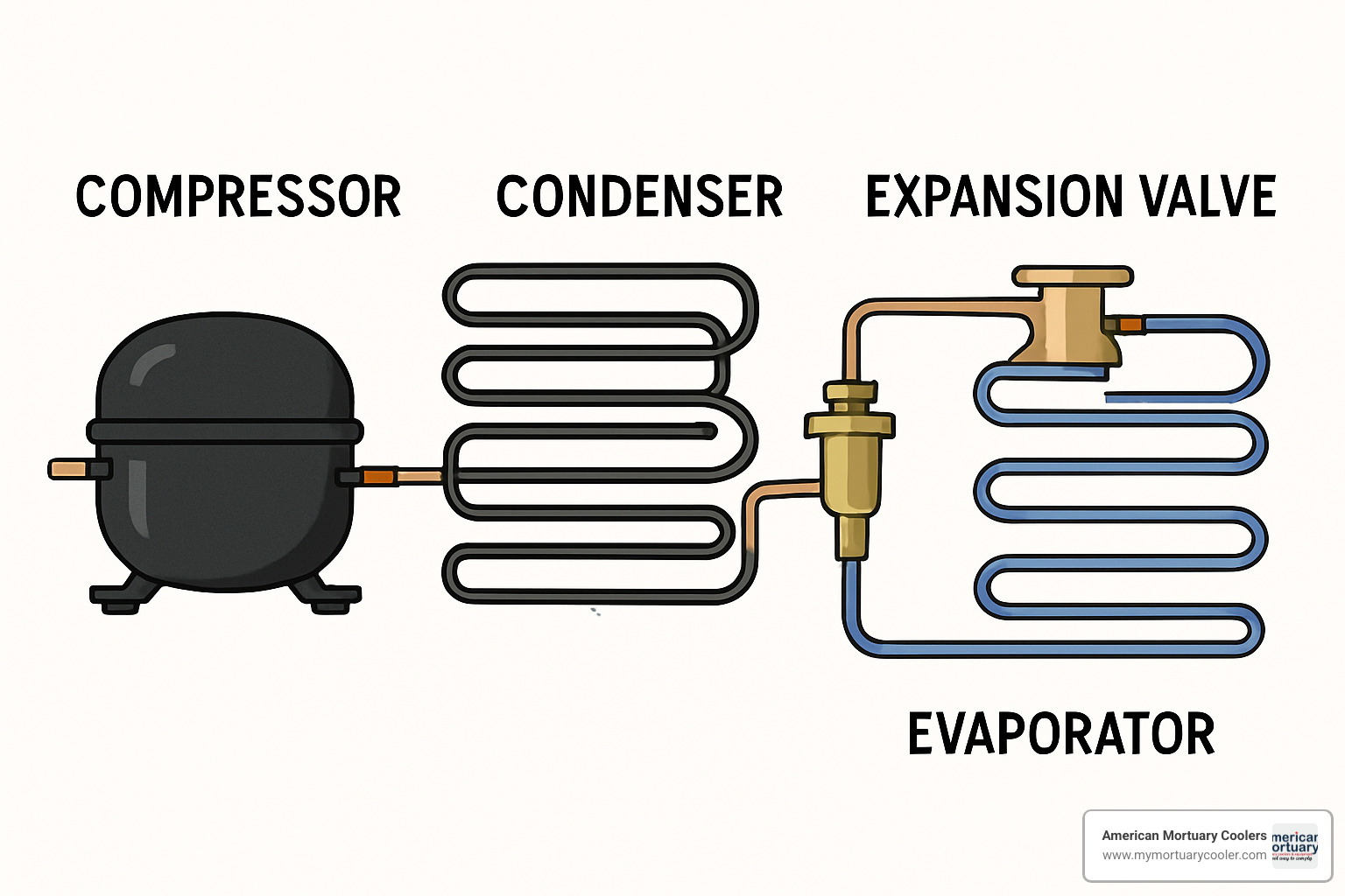 Four main refrigeration components laid out showing compressor, condenser, expansion valve, and evaporator with connecting refrigerant lines - refrigerator compressor cycle
