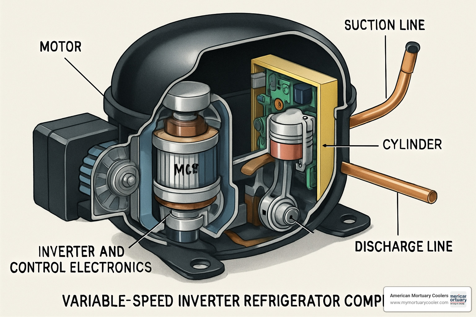 Variable-speed inverter compressor cutaway showing internal components and control electronics - refrigerator compressor cycle