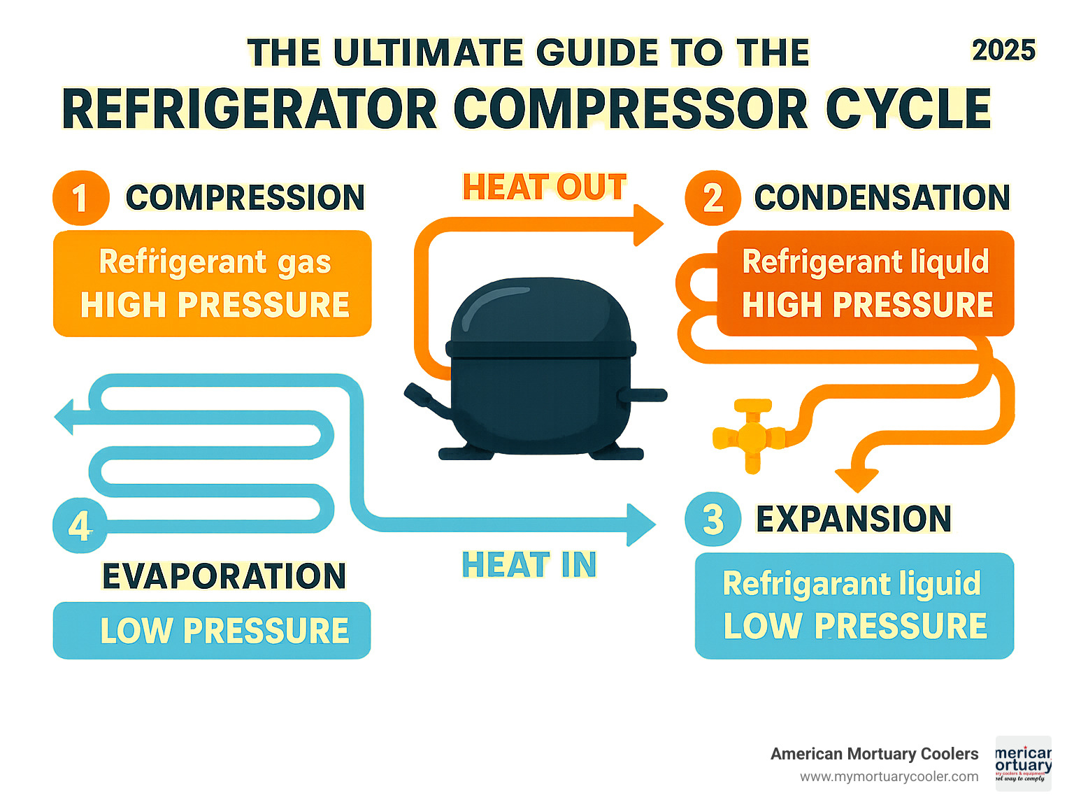 Detailed infographic showing the 4-stage refrigerator compressor cycle with refrigerant state changes, pressure levels, and heat transfer directions through compressor, condenser, expansion valve, and evaporator components - refrigerator compressor cycle infographic 
