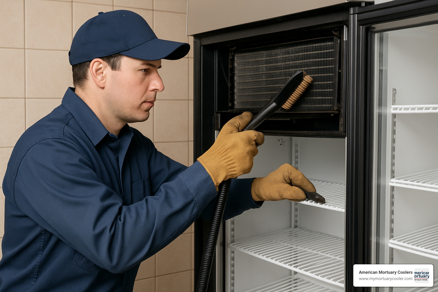 technician performing routine maintenance on reach-in cooler condenser coils - reach in coolers
