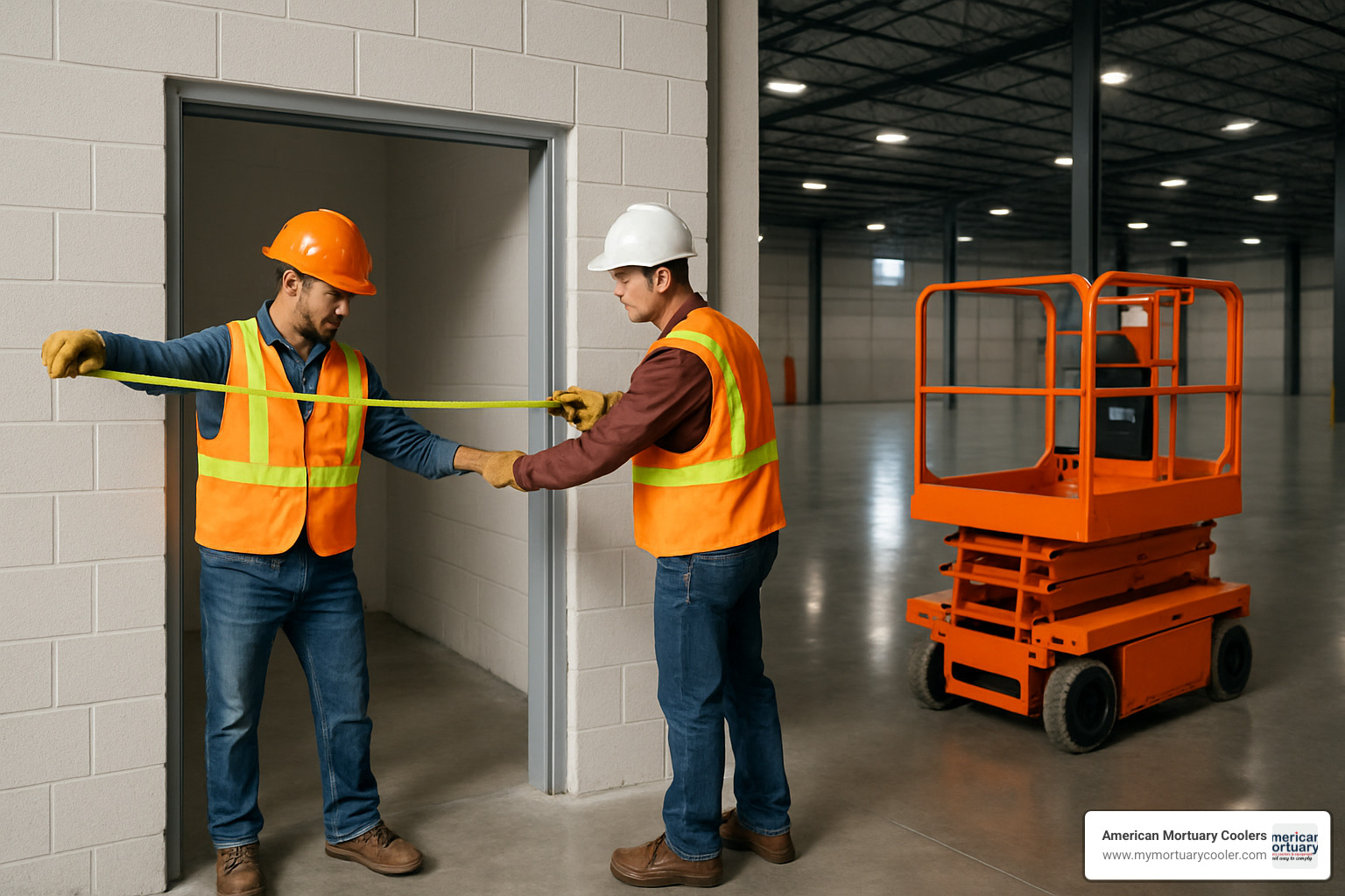 operators measuring doorway clearance - electric scissor lift
