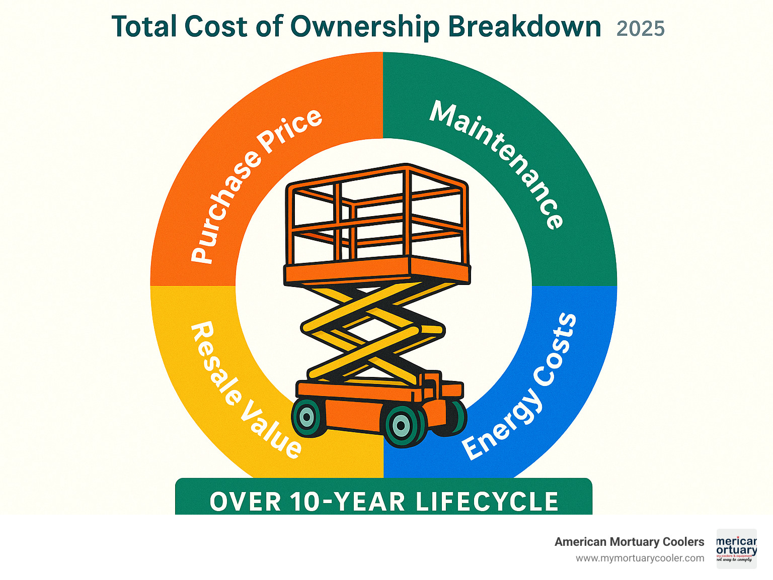 Electric scissor lift total cost of ownership breakdown showing purchase price, maintenance, energy costs, and resale value over 10-year lifecycle - electric scissor lift infographic 