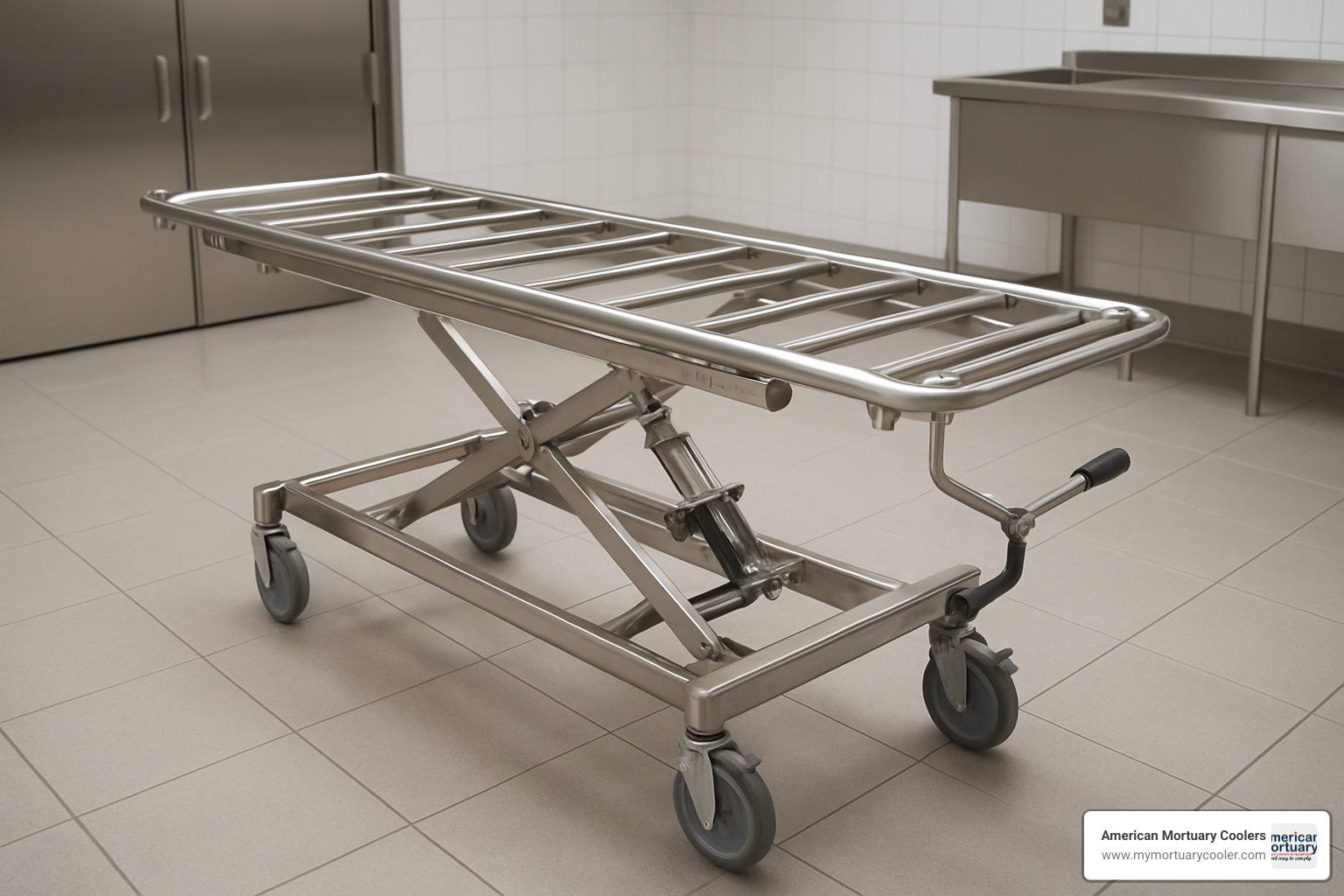 Adjustable stretcher system showing height adjustment and loading mechanism - cellule refrigerante morgue