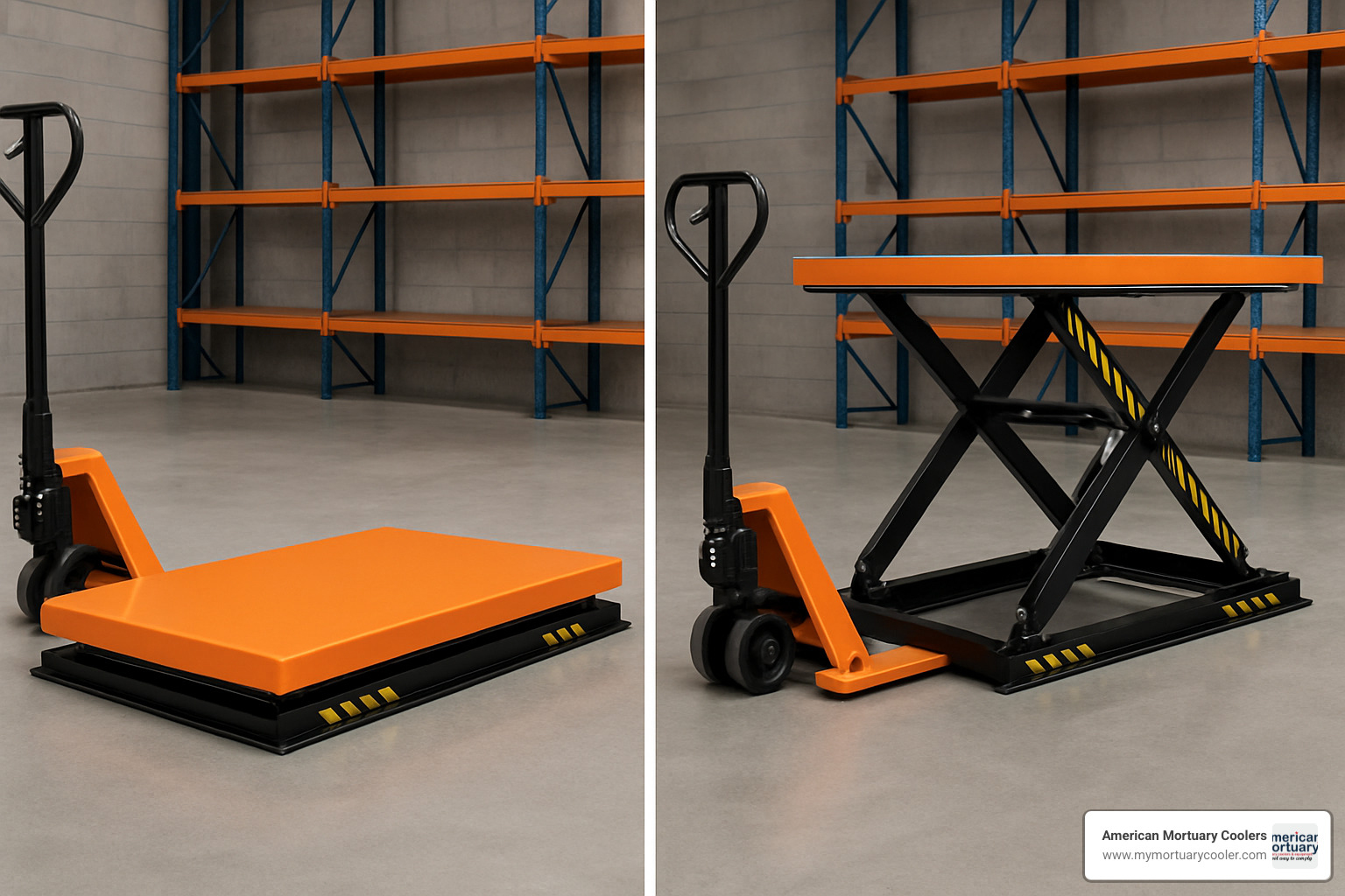 Low-profile lift table showing collapsed position at 3 inches height with pallet jack access and extended position demonstrating space-saving design - lifting tables