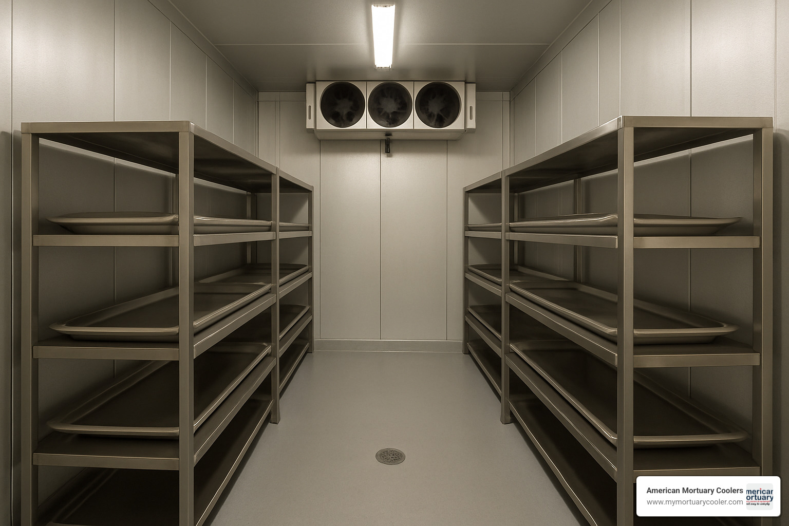 Walk-in cooler layout showing modular panel construction and body storage configuration - cellule refrigerante morgue