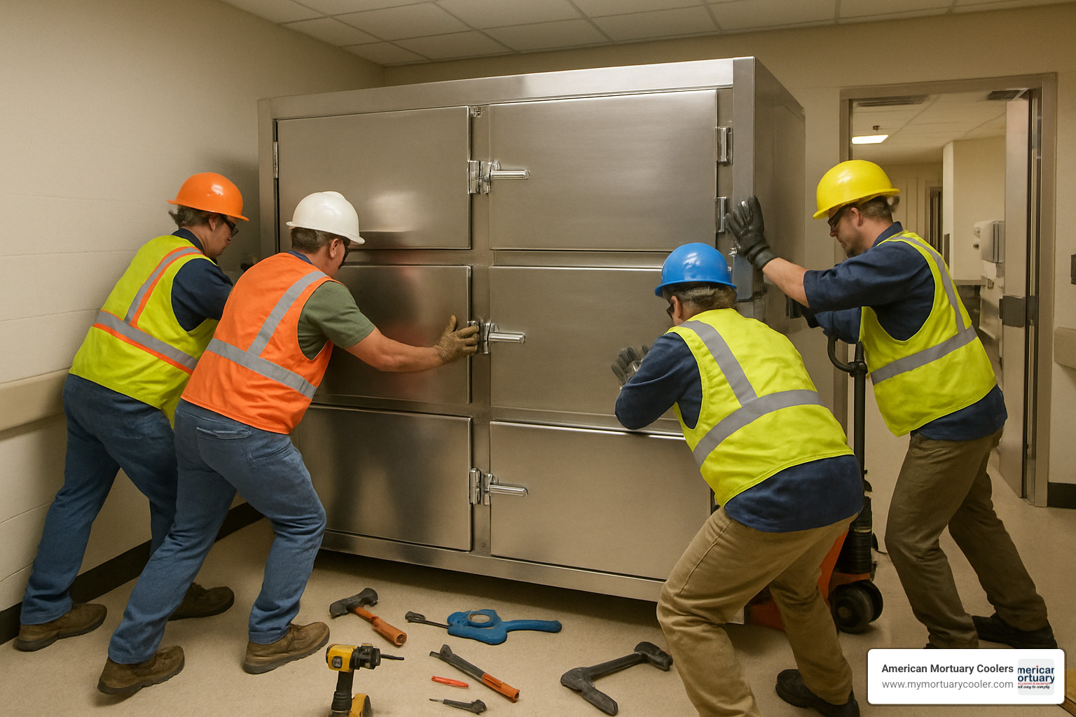 installation crew positioning morgue freezer unit - morgue-freezer-