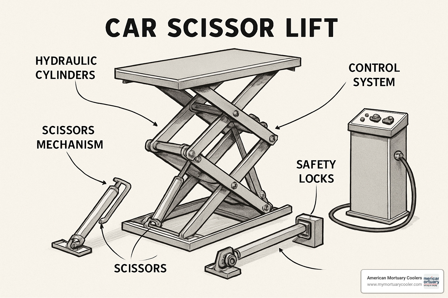 exploded view diagram showing scissor lift internal components including hydraulic cylinders, scissors mechanism, safety locks, and control systems - car scissor lifts