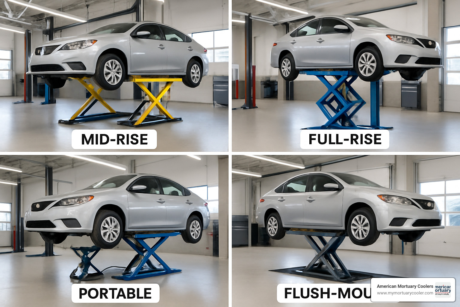 grid showing different types of scissor lifts including mid-rise, full-rise, portable, and flush-mount configurations - car scissor lifts