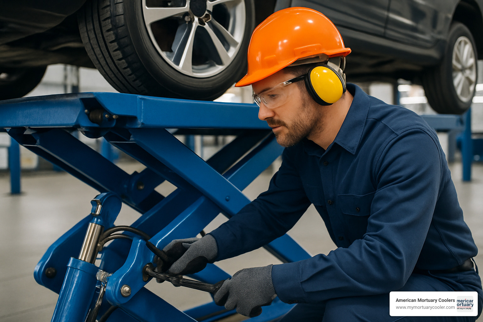technician performing safety inspection on scissor lift, checking hydraulic connections and safety locks - car scissor lifts