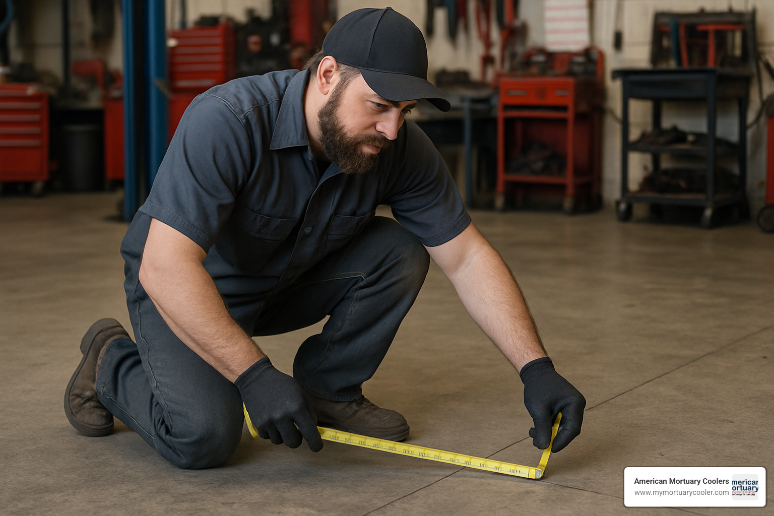 technician measuring workshop floor space with tape measure and marking potential lift locations - car scissor lifts