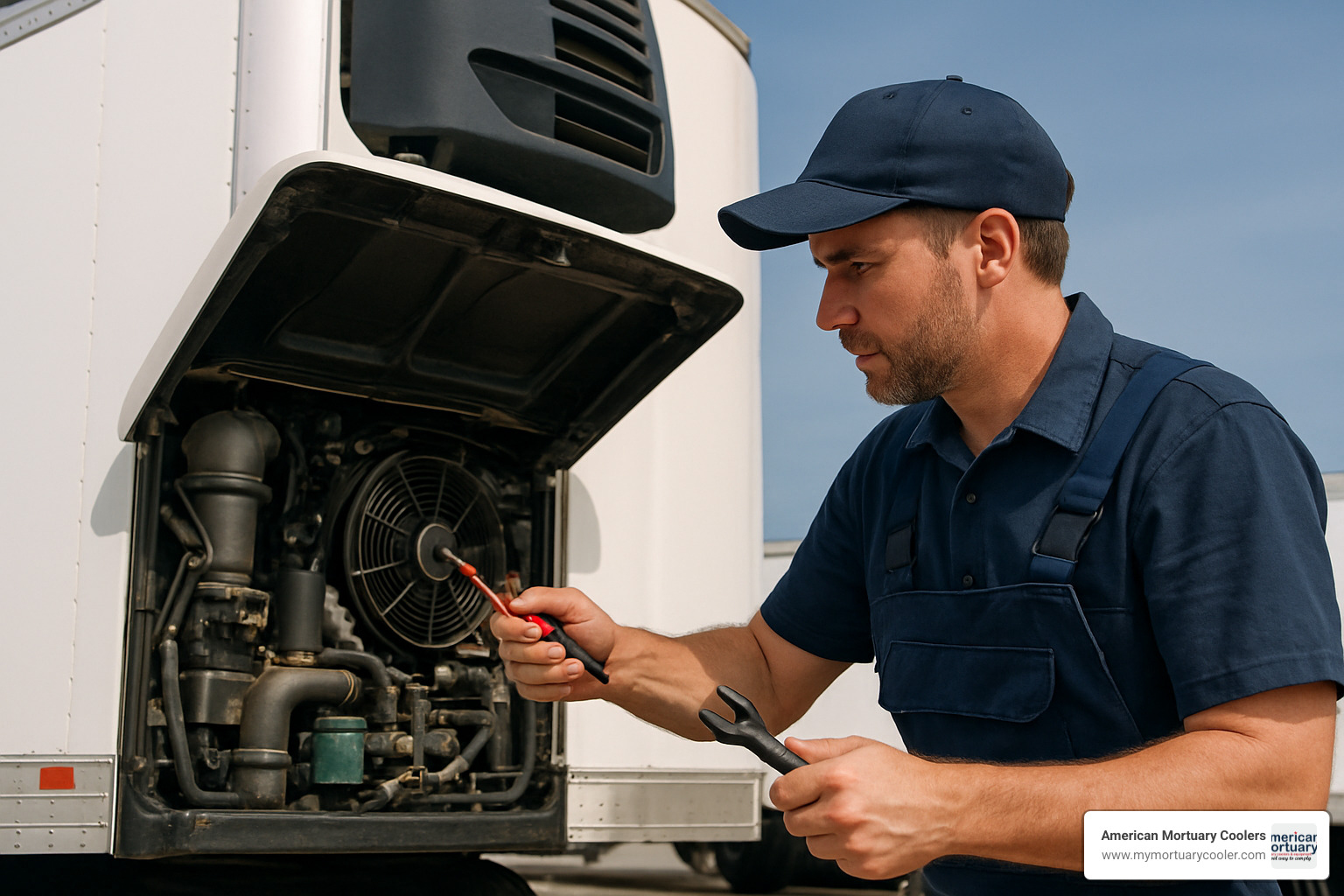 mechanic servicing reefer engine - reefer lorry