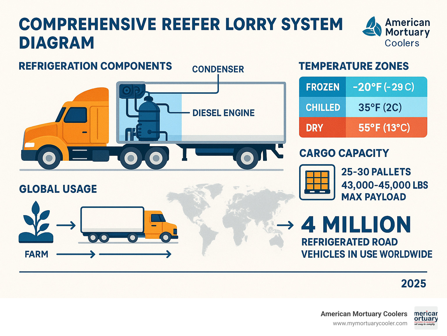 Comprehensive reefer lorry system diagram showing refrigeration components, temperature zones, cargo capacity specifications, and global usage statistics with cold chain logistics flow - reefer lorry infographic 