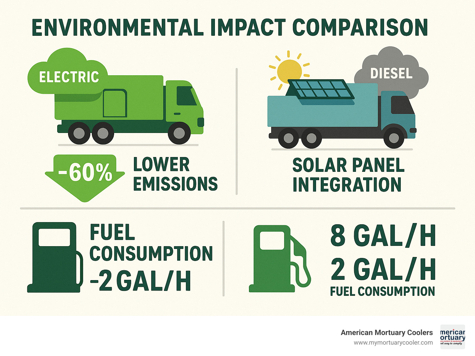 Environmental impact comparison showing emissions reduction from electric vs diesel reefer units, solar panel integration benefits, and fuel consumption statistics - reefer lorry infographic 