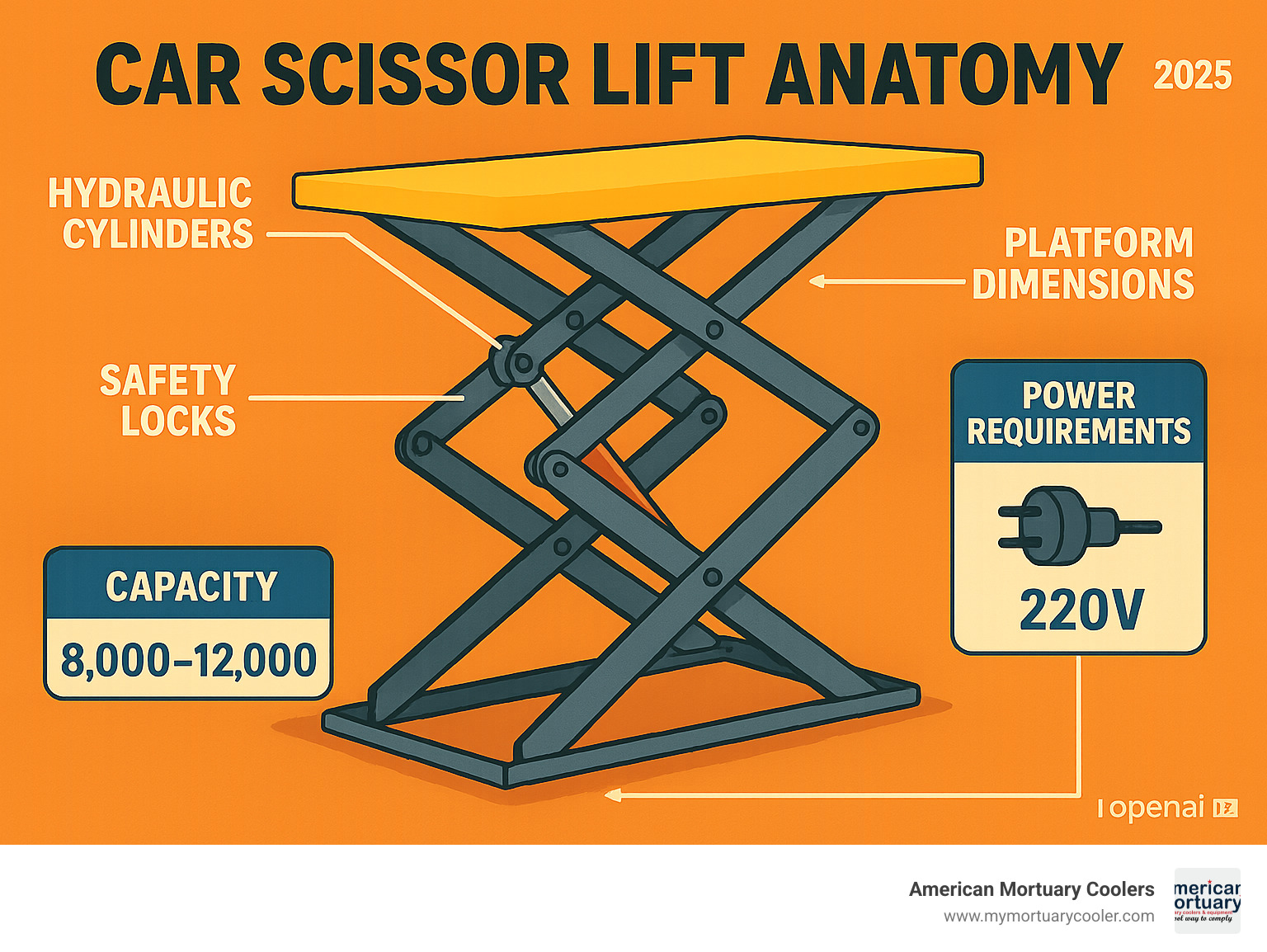 Detailed infographic showing car scissor lift anatomy including hydraulic cylinders, scissors mechanism, safety locks, platform dimensions, and power requirements with capacity specifications - car scissor lifts infographic 