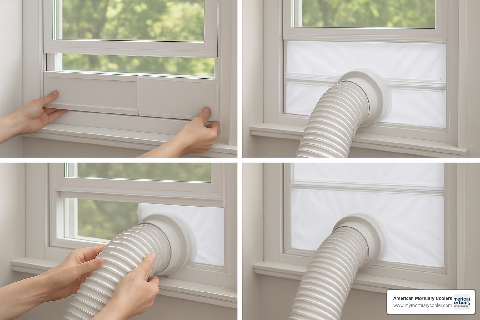 DIY window vent kit installation showing hose connection and window seal - cooler portable air conditioner