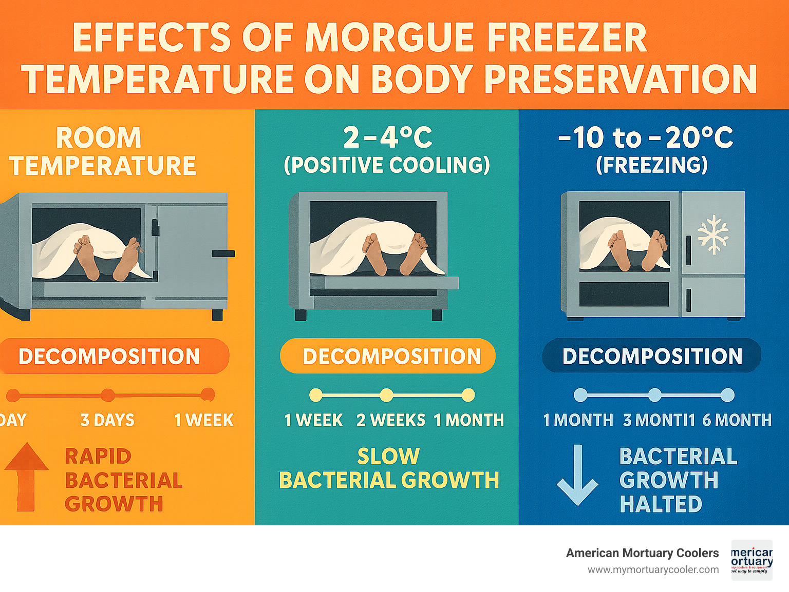 Comprehensive comparison of morgue freezer temperature effects on body preservation, showing decomposition timeline at room temperature versus 2-4°C positive cooling versus -10 to -20°C freezing temperatures, including bacterial growth rates and optimal storage durations for each temperature range - morgue-freezer- infographic 