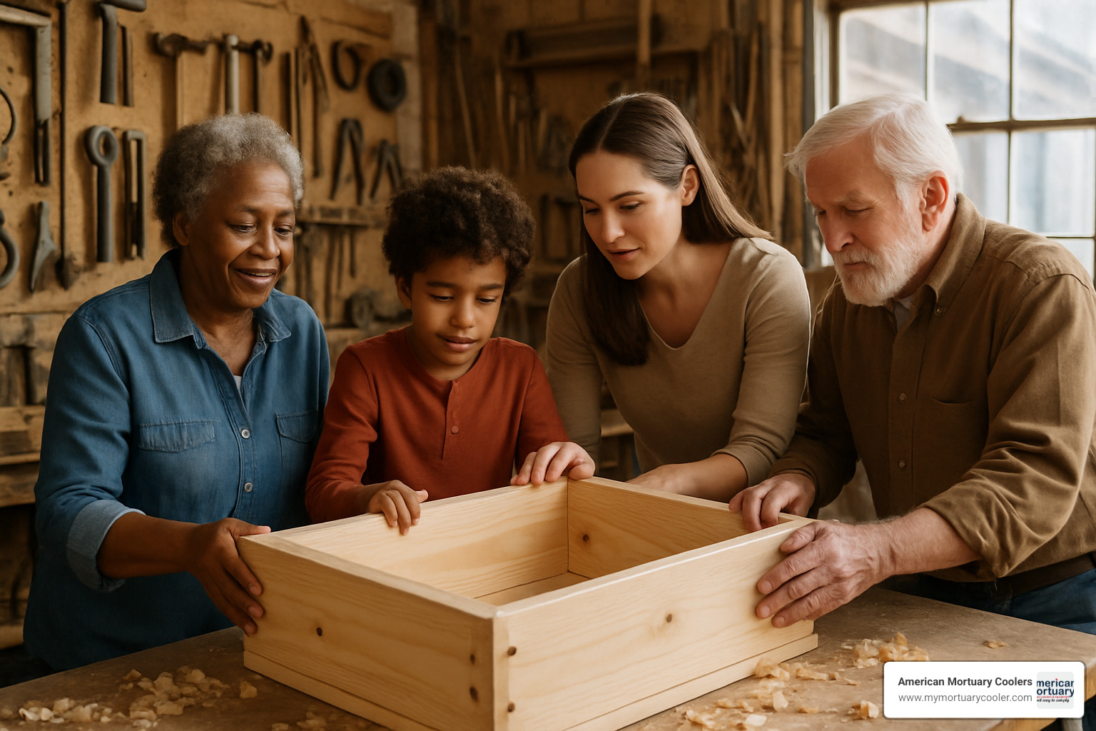Family assembling a DIY pine box casket together in a workshop setting - cheap caskets under $500