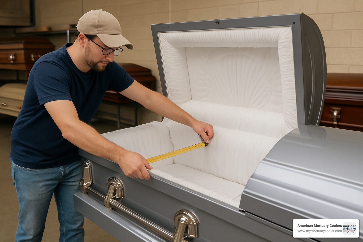 Person measuring casket interior dimensions with a tape measure, showing proper sizing verification - cheap caskets under $500