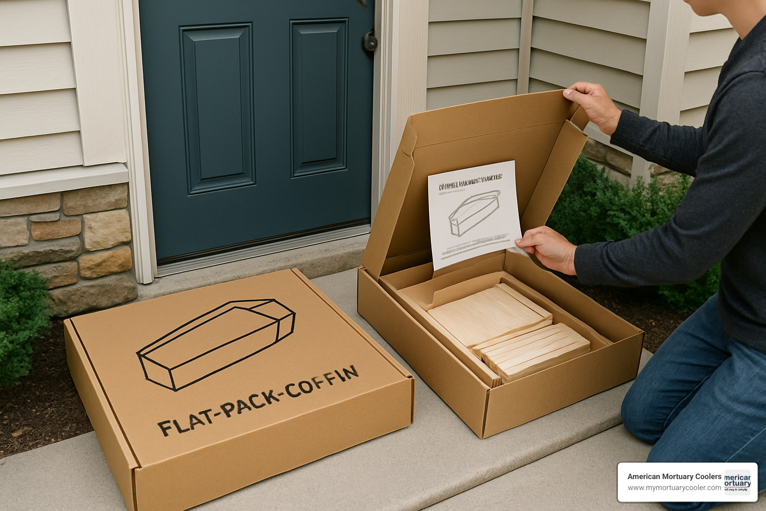 Flat-pack coffin being delivered to a home, showing compact packaging and assembly instructions - cheap caskets under $500