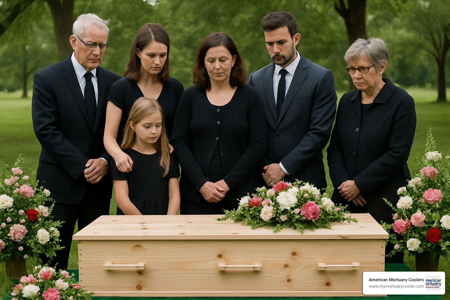Respectful budget burial service with simple pine casket surrounded by flowers and family - cheap caskets under $500