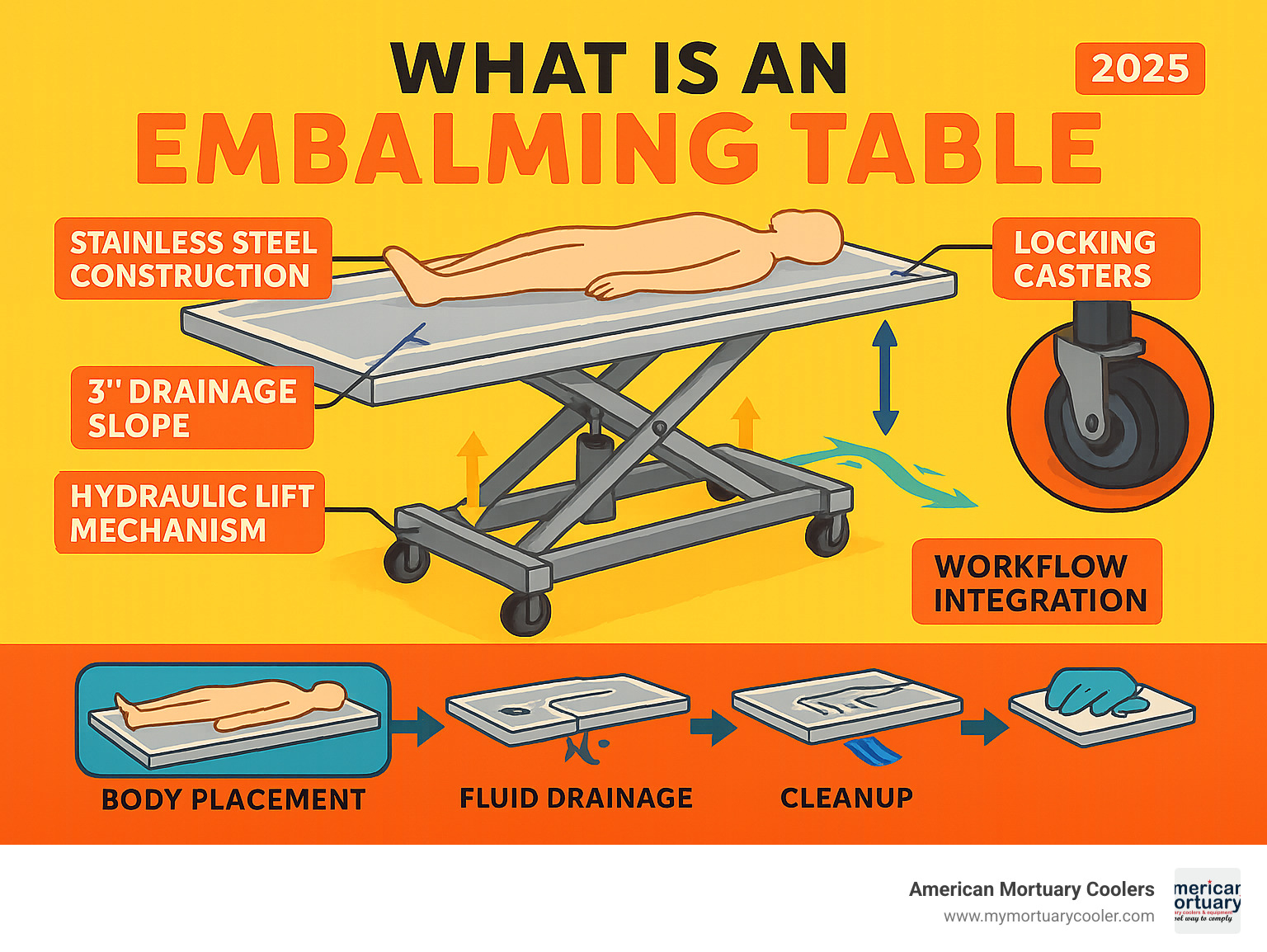 Comprehensive infographic showing embalming table components including stainless steel construction, 3-inch drainage slope, hydraulic lift mechanism, locking casters, and workflow integration from body placement through fluid drainage and cleanup - what is an embalming table infographic 