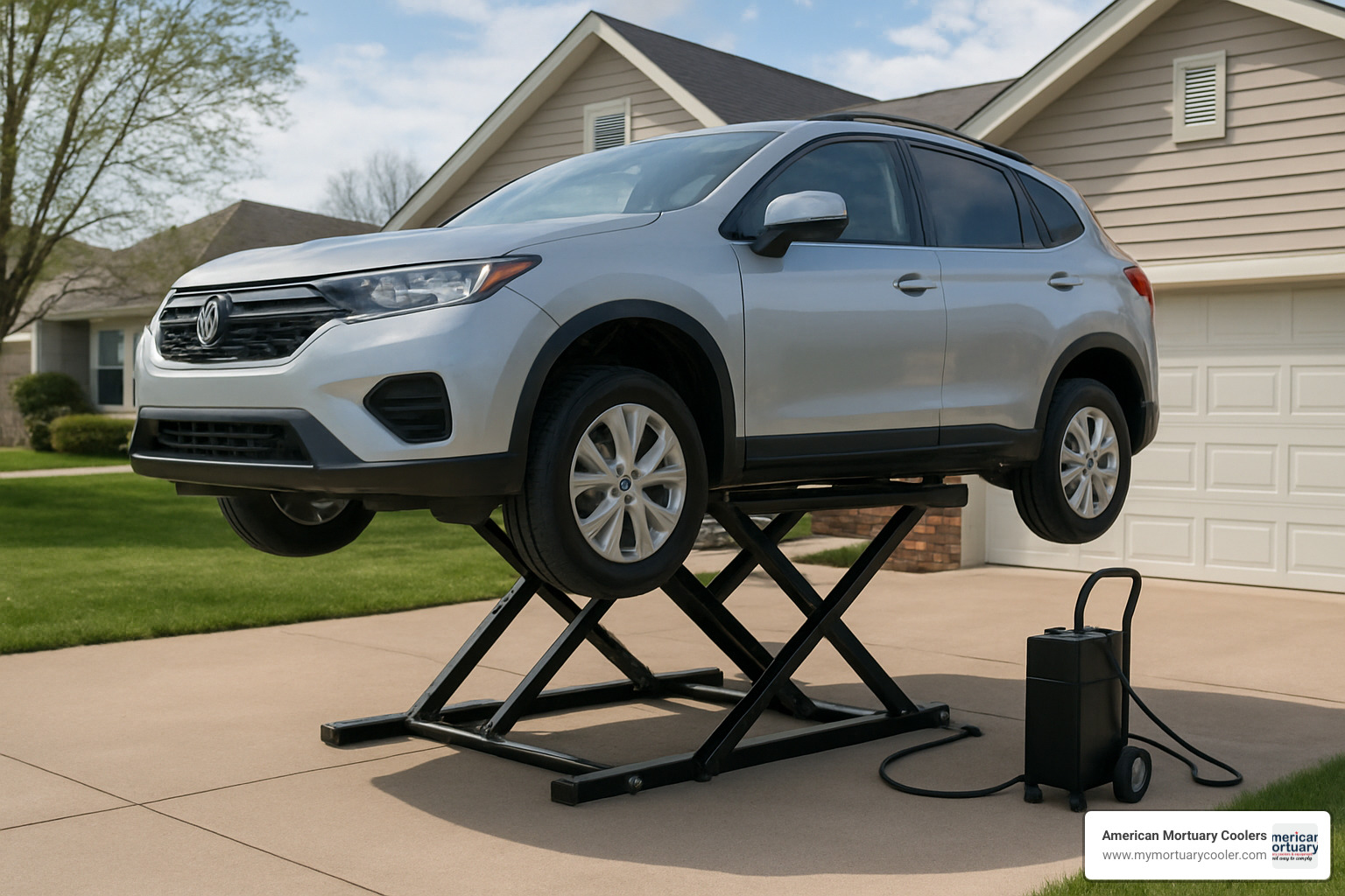 portable scissor lift set up in residential driveway - scissor car lift