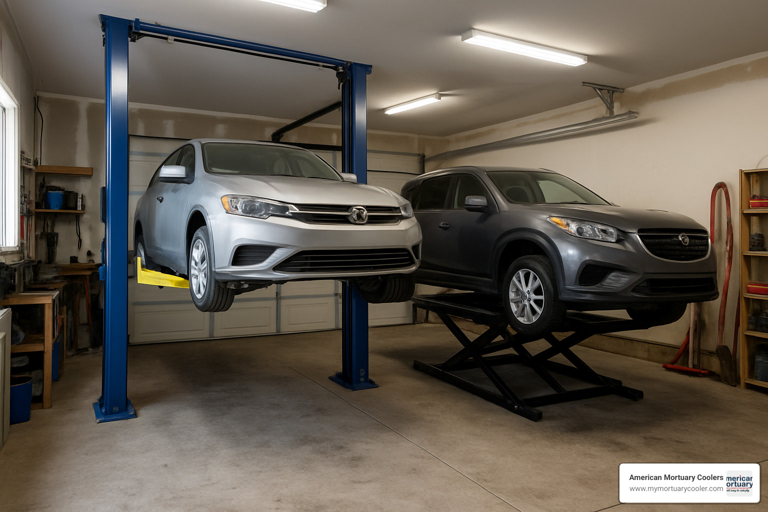 comparison showing 2-post lift next to scissor lift in garage setting - scissor car lift