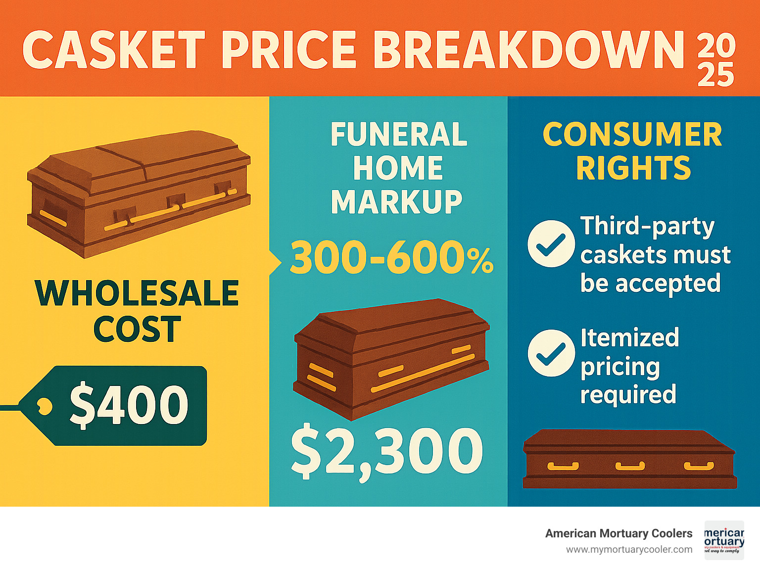 Infographic showing casket price breakdown: funeral home markup of 300-600%, wholesale costs vs retail prices, and consumer rights under FTC Funeral Rule including third-party casket acceptance and itemized pricing requirements - cheap caskets under $500 infographic 