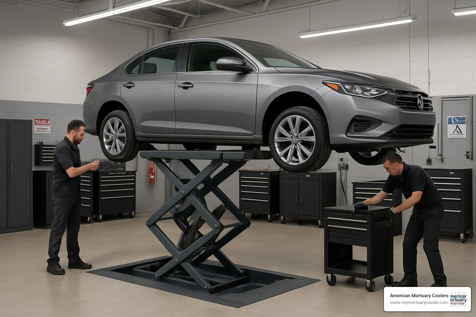 flush-mount scissor lift installation in professional shop - scissor car lift