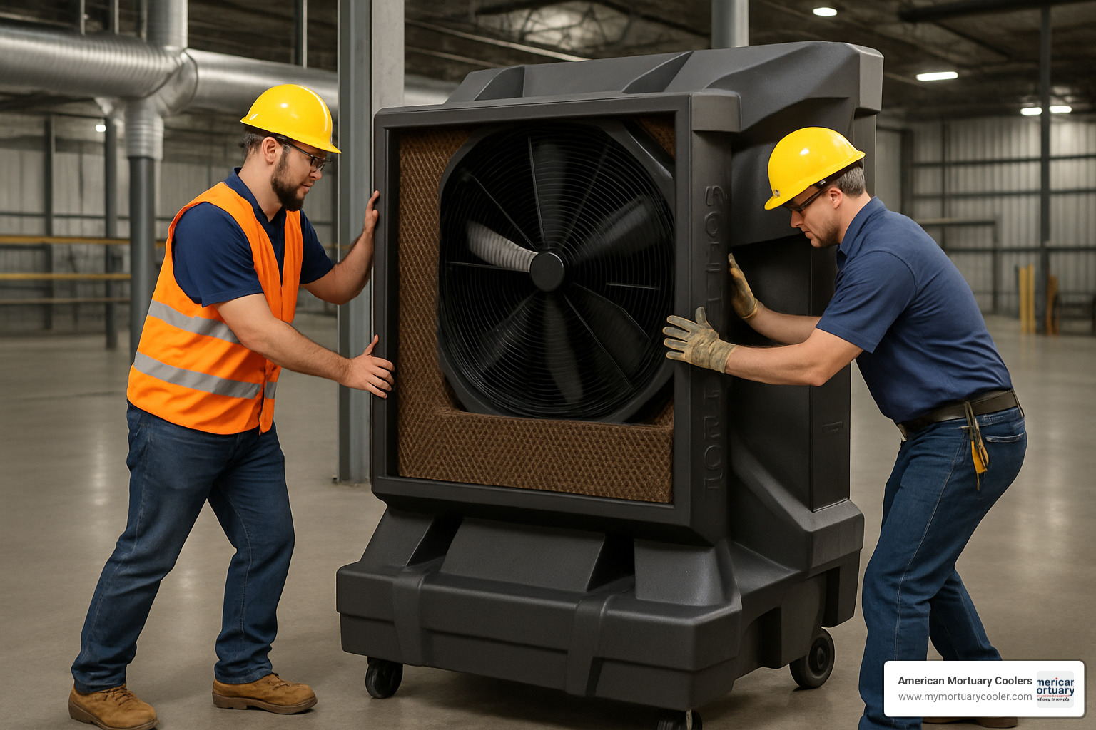 Professional installation of a large portable swamp cooler in an industrial setting - swamp air conditioner portable
