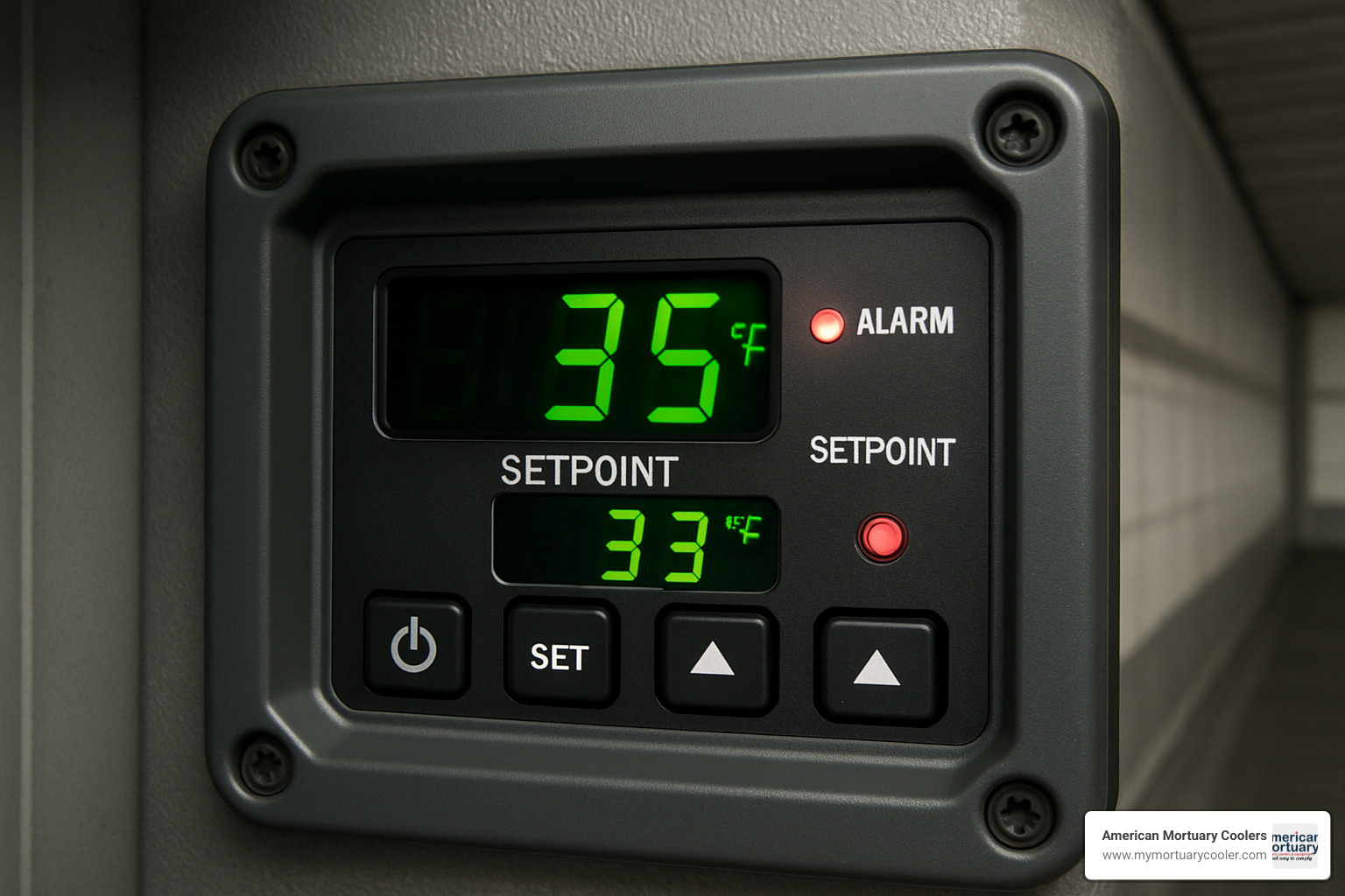 Temperature monitoring control panel with digital display showing current temperature, set points, and alarm indicators - reefer trailer