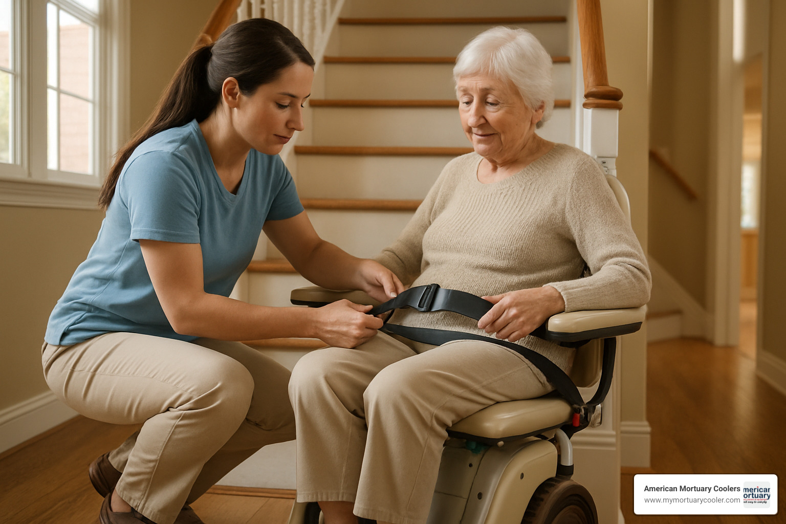 caregiver securing passenger - mobile stair caregiver securing passenger - mobile stair