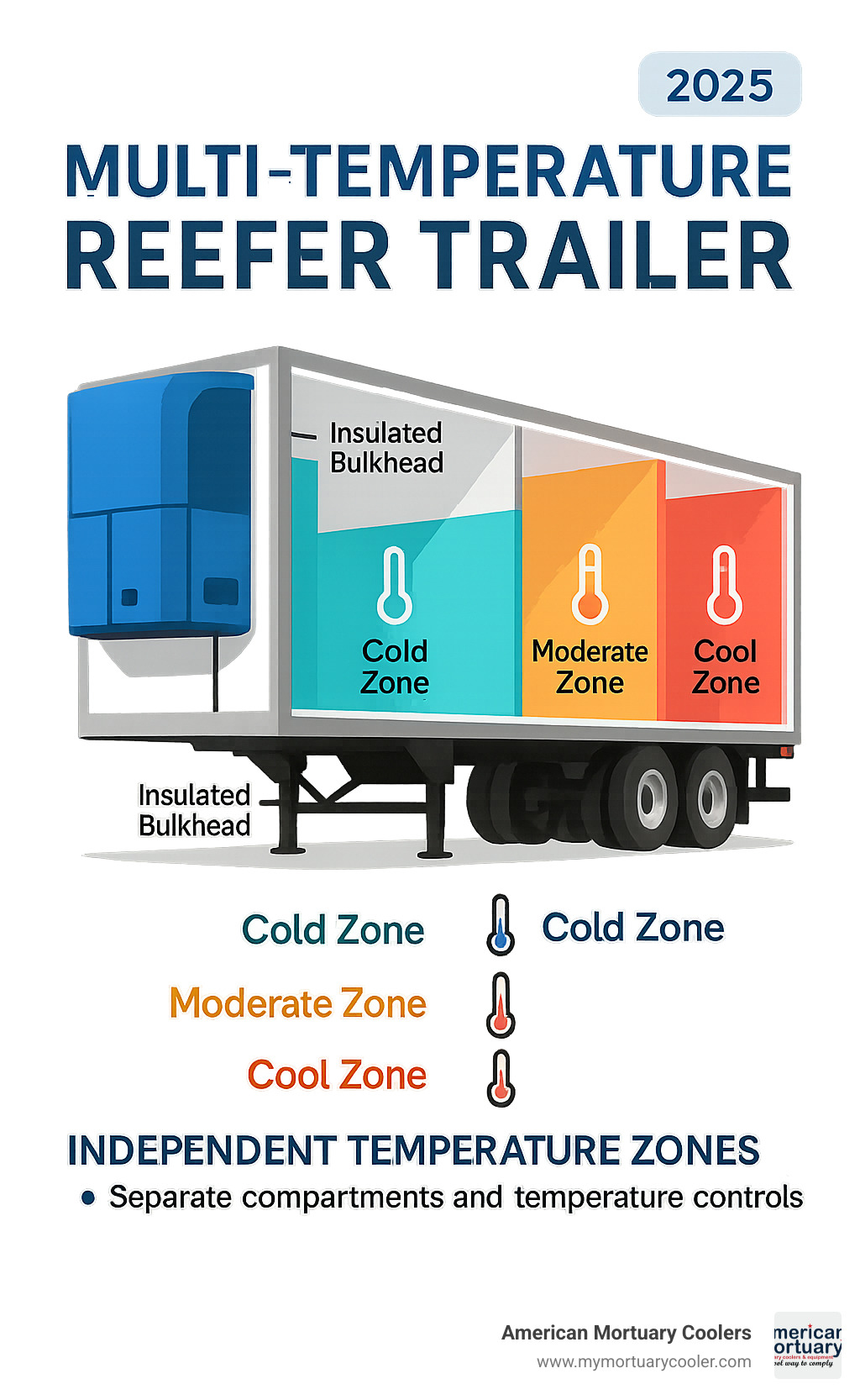 Infographic showing cross-section view of multi-temperature reefer trailer with separate compartments, bulkheads, and independent temperature zones - reefer trailer infographic 