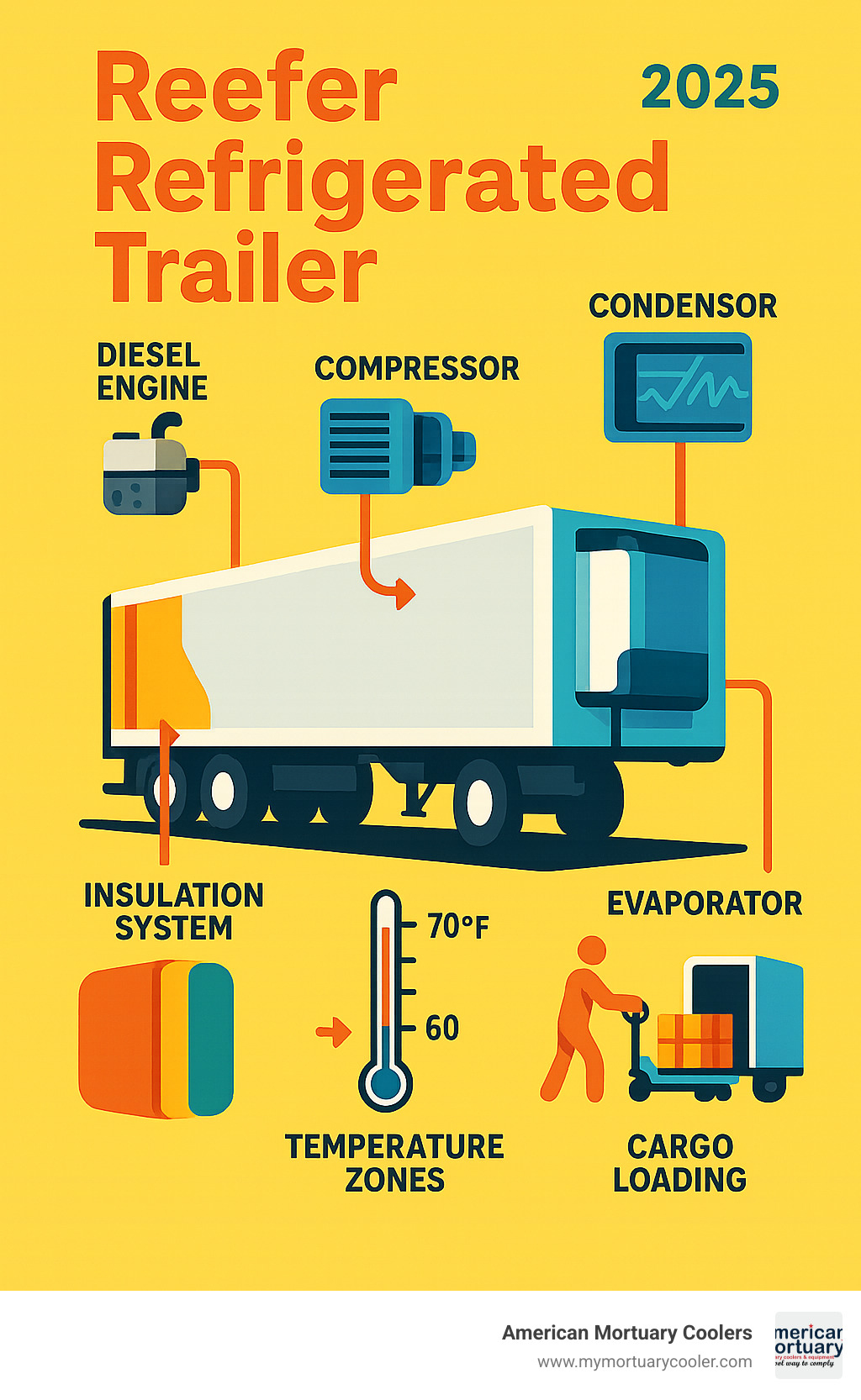 Comprehensive guide showing reefer refrigerated trailer components including diesel engine, compressor, condenser, evaporator, insulation system, temperature zones, monitoring technology, and cargo loading best practices - reefer refrigerated trailer infographic 