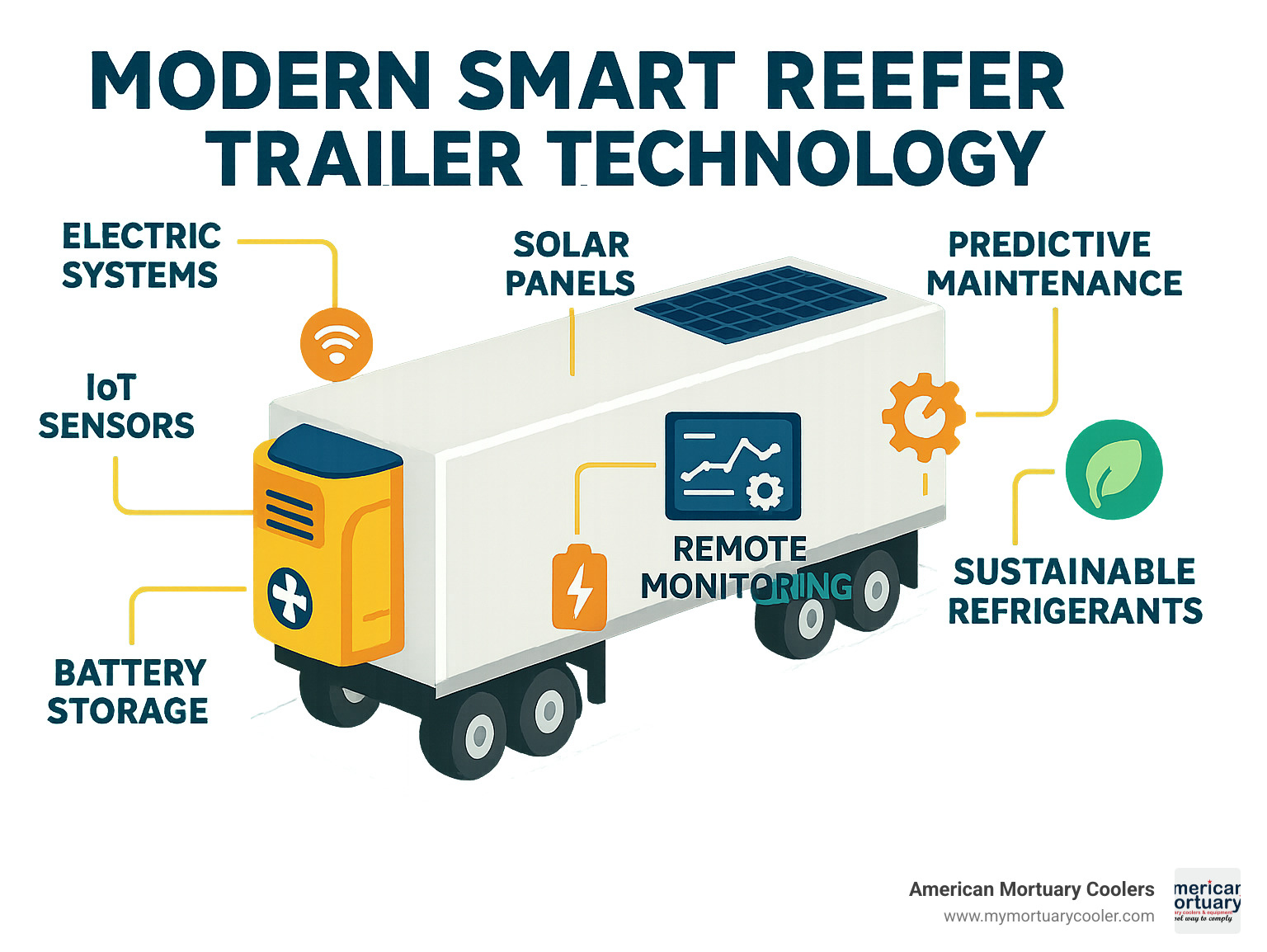 modern smart reefer trailer technology including electric systems, IoT sensors, solar panels, battery storage, remote monitoring, predictive maintenance, and sustainable refrigerants - reefer refrigerated trailer infographic 