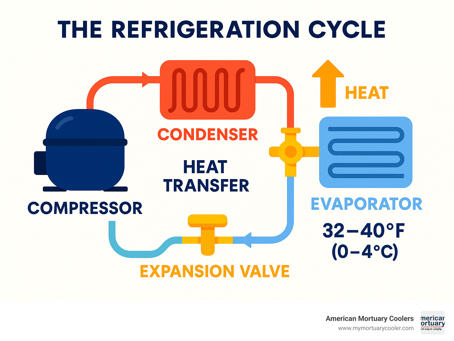 Detailed infographic showing the refrigeration cycle with compressor, condenser, expansion valve, and evaporator components, including temperature ranges and heat transfer process - is a refrigerator infographic 