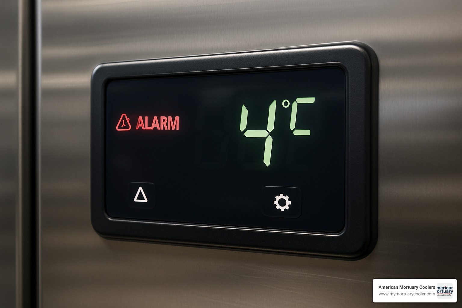 digital temperature controller display showing precise temperature readings and alarm status - morgue-fridge-